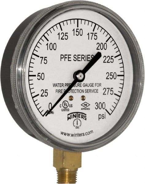 Winters - 3-1/2" Dial, 1/4 Thread, 0-300 Scale Range, Pressure Gauge - Lower Connection Mount, Accurate to 3-2-3% of Scale - All Tool & Supply