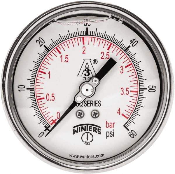 Winters - 4" Dial, 1-1/2 Thread, 0-60 Scale Range, Pressure Gauge - Center Back Connection Mount, Accurate to 0.01% of Scale - All Tool & Supply