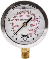 Winters - 2-1/2" Dial, 1/4 Thread, 0-200 Scale Range, Pressure Gauge - Lower Connection Mount, Accurate to 1.5% of Scale - All Tool & Supply