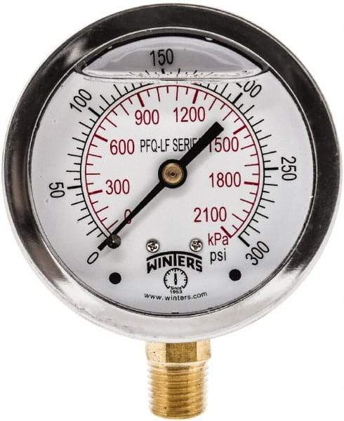 Winters - 2-1/2" Dial, 1/4 Thread, 0-300 Scale Range, Pressure Gauge - Lower Connection Mount, Accurate to 1.5% of Scale - All Tool & Supply