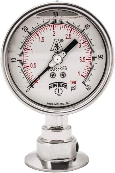 Winters - 4" Dial, 2 Thread, 0-60 Scale Range, Pressure Gauge - Lower Connection Mount, Accurate to 0.01% of Scale - All Tool & Supply