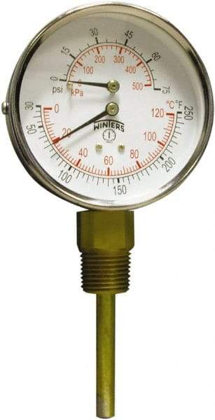 Winters - 3" Dial, 1/2 Thread, 0-75 Scale Range, Pressure Gauge - Lower Connection Mount, Accurate to 0.03% of Scale - All Tool & Supply