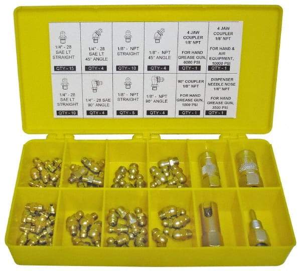 PRO-LUBE - 60 Piece, Inch, Box Plastic Steel Grease Fitting Set - Includes PTF, UNF Thread Types, Includes 1/4-28 SAE-LT: (25) Straight, (4) 45°, (4) 90°, 1/8-27 PTF: (15) Straight, (4) 45°, (4) 90° - All Tool & Supply