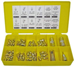 PRO-LUBE - 60 Piece, Inch, Box Plastic Steel Grease Fitting Set - Includes PTF, UNF Thread Types, Includes 1/4-28 SAE-LT: (25) Straight, (4) 45°, (4) 90°, 1/8-27 PTF: (15) Straight, (4) 45°, (4) 90° - All Tool & Supply