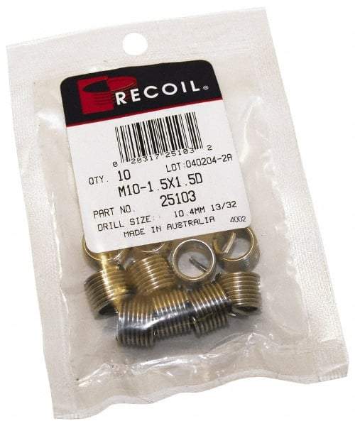 Recoil - 10 Inserts, M6x1 Metric Coarse, 2D, Stainless Steel Screw Locking Insert - 12mm Overall Length, with Tang, Bright Finish - Exact Industrial Supply