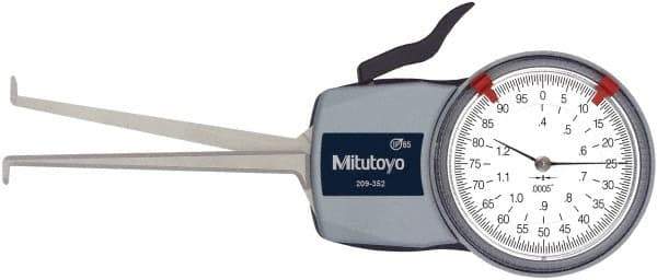 Mitutoyo - 0.4 to 1.2" Inside Dial Caliper Gage - 0.0005" Graduation, 0.0015" Accuracy, 3.3" Leg Length, 0.19" Deep x 0.06" Wide Groove, Ball Contact Points - All Tool & Supply