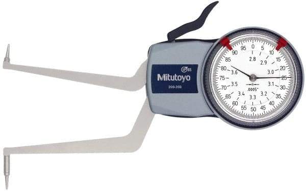 Mitutoyo - 2.8 to 3.6" Inside Dial Caliper Gage - 0.0005" Graduation, 0.0015" Accuracy, 3.3" Leg Length, 0.31" Deep x 0.06" Wide Groove, Ball Contact Points - All Tool & Supply