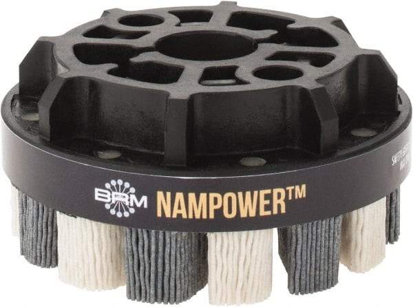 Brush Research Mfg. - 4" 180 Grit Ceramic/Silicon Carbide Tapered Disc Brush - Medium Fine Grade, CNC Adapter Connector, 0.71" Trim Length, 7/8" Arbor Hole - All Tool & Supply