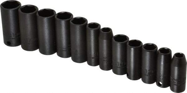 Proto - 12 Piece 3/8" Drive Black Finish Deep Well Impact Socket Set - 6 Points, 8mm to 19mm Range, Metric Measurement Standard - All Tool & Supply