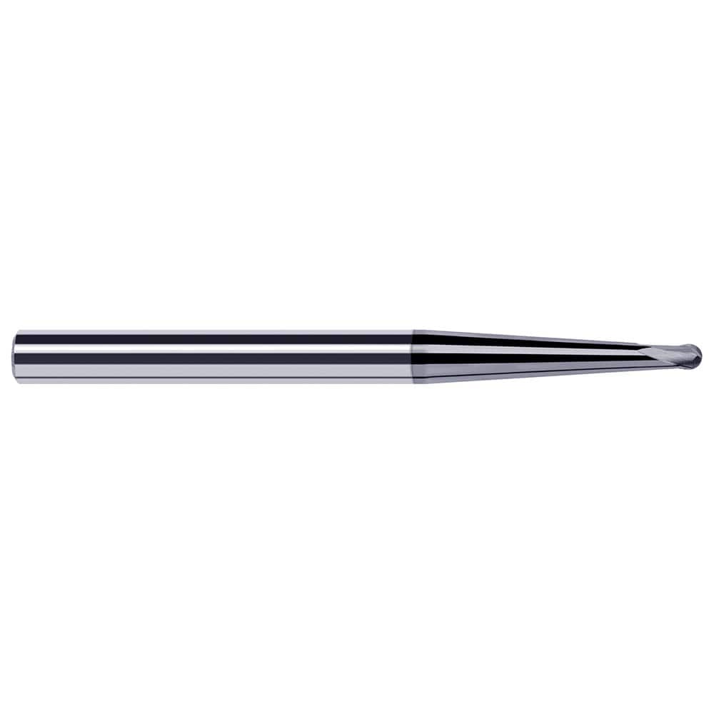 Ball End Mill: 0.125″ Dia, 0.1″ LOC, 2 Flute, Solid Carbide 4″ OAL, 3/8″ Shank Dia, 35 ° Helix, AlTiN Coated, Single End