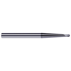 Ball End Mill: 0.125″ Dia, 0.1″ LOC, 2 Flute, Solid Carbide 4″ OAL, 3/8″ Shank Dia, 35 ° Helix, AlTiN Coated, Single End