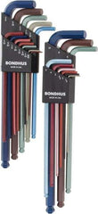 Bondhus - 22 Piece L-Key Ball End Hex Key Set - Hex Range 0.05 to 3/8", 8.4" OAL - All Tool & Supply