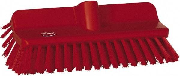 Vikan - 1-1/2" Bristle Length, Polyester Cleaning & Finishing Brush - 9-5/8" Long x 5" Wide Head, 10" OAL, European Threaded Handle, Red, Polypropylene Block - All Tool & Supply