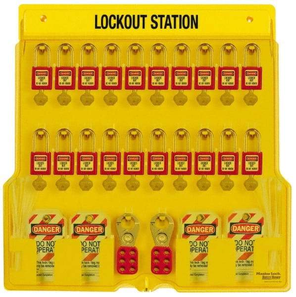 Master Lock - 28 Piece, Equipped Polycarbonate Padlock Station - 22 Inch Wide x 22 Inch High x 1-3/4 Inch Deep, Black on Yellow, Covered - All Tool & Supply