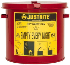 Justrite - 2 Gallon Capacity, Galvanized Steel Oily Waste Can - 9-5/8 Inch Wide/Diameter x 9-1/8 Inch High, Red, Hand Operated, Approved FM - All Tool & Supply