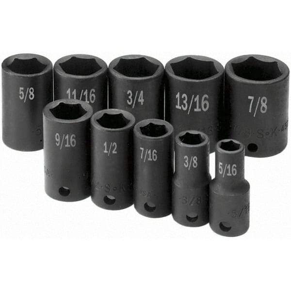 SK - 3/8" Drive Semi-Deep Impact Socket Set - 5/16 to 7/8", Inch Measurement Standard - All Tool & Supply