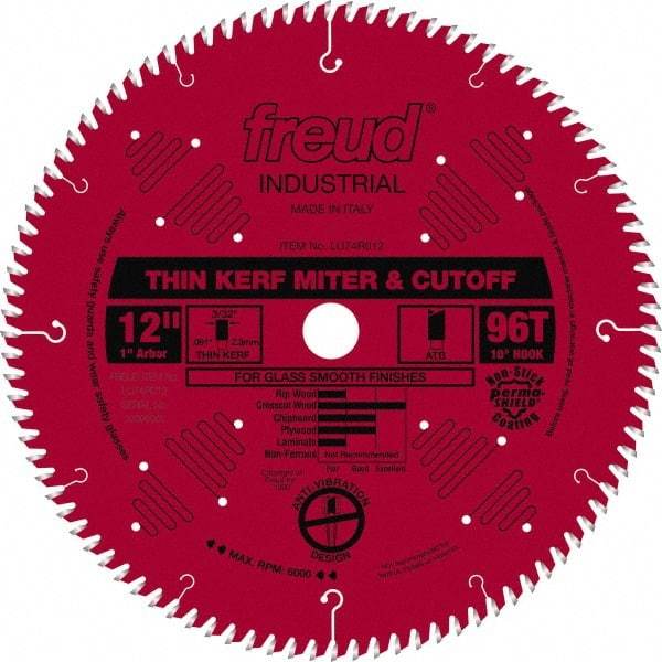 Freud - 12" Diam, 1" Arbor Hole Diam, 96 Tooth Wet & Dry Cut Saw Blade - Carbide-Tipped, Standard Round Arbor - All Tool & Supply