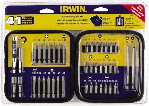 Irwin - 41 Piece, 1/4" Drive Screwdriver Bit Set - #1 to #3 Phillips, 0.05 to 1/4" Hex, 1.27 to 10mm Hex, #1 to #3 Square Recess - All Tool & Supply