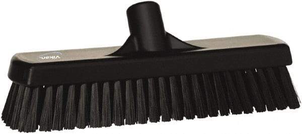 Vikan - 1.7" Bristle Length, Polyester Scrub Brush - 11-1/4" Long x 3" Wide Head, 12" OAL, European Threaded Handle, Black, Polypropylene Block - All Tool & Supply