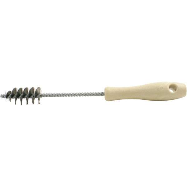 Brush Research Mfg. - 0.975" Diam Helical Stainless Steel Tube Brush - Single Spiral, 0.006" Filament Diam, 2" Brush Length, 10-1/2" OAL, 0.245" Diam Plastic Handle Shank - All Tool & Supply