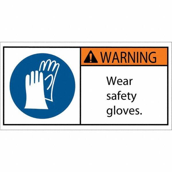 Shipping & DOT Label: ″Warning Wear safety gloves″, Rectangle, 4″ Wide, 2″ High - Polyester, Semi-Gloss