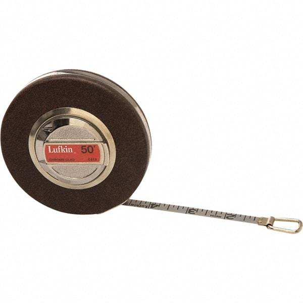 Lufkin - 50' x 3/8" White Steel Blade Tape Measure - 1/10 & 1/100" Graduation, Inch Graduation Style, Brown Vinyl Clad Steel Case - All Tool & Supply