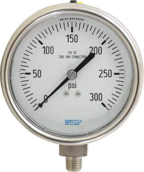 Wika - 4" Dial, 1/4 Thread, 0-300 Scale Range, Pressure Gauge - Lower Connection Mount, Accurate to 1% of Scale - All Tool & Supply