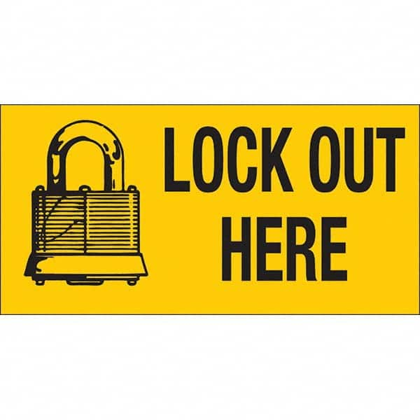 Shipping & DOT Label: ″Lockout Here″, Rectangle, 4.5″ Wide Permanent Adhesive, Polyester, Laminated