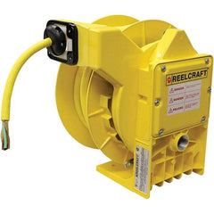 Reelcraft - 12 AWG, 50' Cable Length, Cord & Cable Reel with Flying Lead End - 0 Outlets, NEMA 4, 18 Amps, 600 Volts, SOW Cable, Yellow Reel - All Tool & Supply