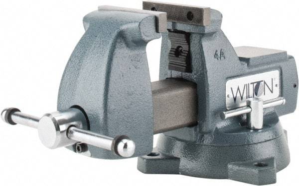 Wilton - 4" Jaw Width x 4-1/2" Jaw Opening Capacity, 3-7/16" Throat Depth, Bench & Pipe Combination Vise - 1/4 to 2" Pipe Capacity, Swivel Base, Bolt Down Attachment, Ductile Iron - All Tool & Supply