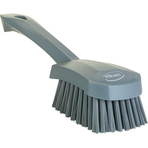 Vikan - 1.3" Bristle Length, Polyester Scrub Brush - 4-1/4" Long x 2-3/4" Wide Head, 10" OAL, Ergonomic Handle, Gray, Polypropylene Block - All Tool & Supply