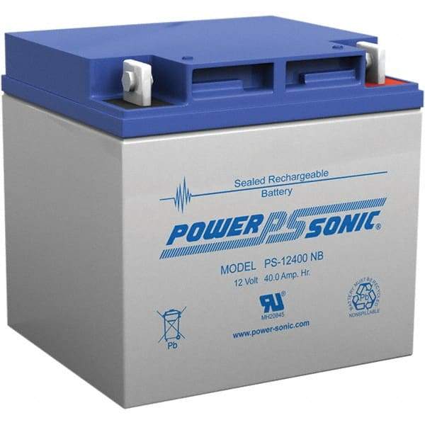 Power-Sonic - Lead-Acid, Nut/Bolt Terminal, 12 Volt, 40 Amp, Lead Rechargeable Battery - 7.5mm Hole Diam, 6mm Tab Thickness, 6-1/2" Wide x 6.69" High x 7.76" Deep - All Tool & Supply