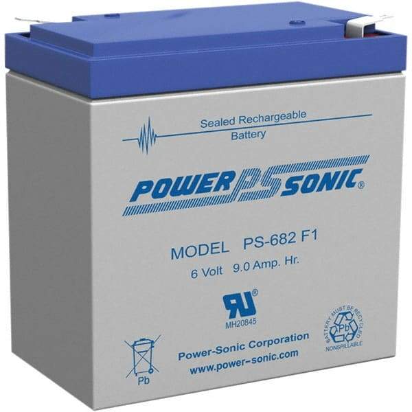 Power-Sonic - Lead-Acid, Quick-Disconnect Tab Terminal, 6 Volt, 9 Amp, Lead Rechargeable Battery - 3/16" Tab Width x 0.8mm Tab Thickness, 2.2" Wide x 4.65" High x 3.86" Deep - All Tool & Supply