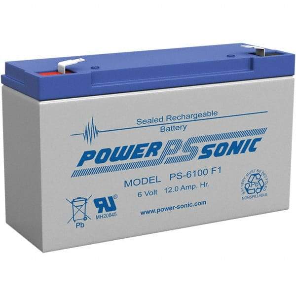 Power-Sonic - Lead-Acid, Quick-Disconnect Tab Terminal, 6 Volt, 12 Amp, Lead Rechargeable Battery - 3/16" Tab Width x 0.8mm Tab Thickness, 2" Wide x 3.7" High x 5.95" Deep - All Tool & Supply