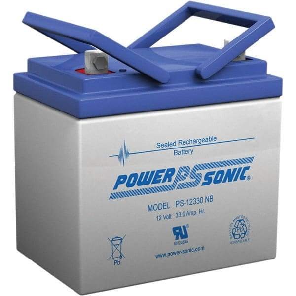 Power-Sonic - Lead-Acid, Nut/Bolt Terminal, 12 Volt, 33 Amp, Lead Rechargeable Battery - 6mm Hole Diam, 6mm Tab Thickness, 5.14" Wide x 6.22" High x 7.72" Deep - All Tool & Supply