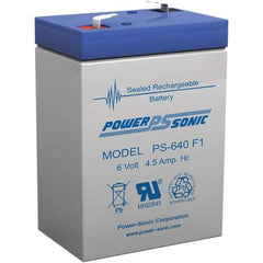 Power-Sonic - Lead-Acid, Quick-Disconnect Tab Terminal, 6 Volt, 4.5 Amp, Lead Rechargeable Battery - 3/16" Tab Width x 0.8mm Tab Thickness, 1.86" Wide x 3.94" High x 2.76" Deep - All Tool & Supply