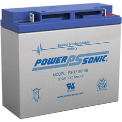 Power-Sonic - Lead-Acid, Nut/Bolt Terminal, 12 Volt, 18 Amp, Lead Rechargeable Battery - 5mm Hole Diam, 2mm Tab Thickness, 3" Wide x 6.59" High x 7.13" Deep - All Tool & Supply