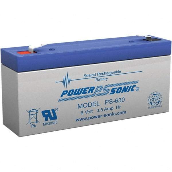 Power-Sonic - Lead-Acid, Quick-Disconnect Tab Terminal, 6 Volt, 3.5 Amp, Lead Rechargeable Battery - 3/16" Tab Width x 0.8mm Tab Thickness, 1.34" Wide x 2.35" High x 5.28" Deep - All Tool & Supply