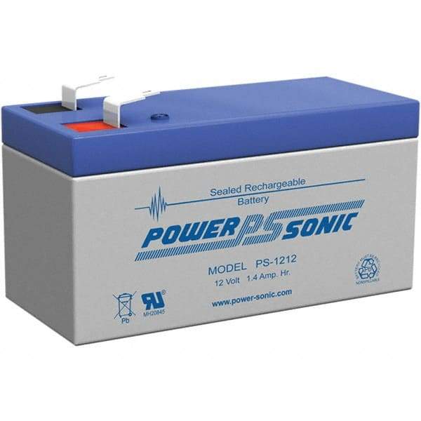 Power-Sonic - Lead-Acid, Quick-Disconnect Tab Terminal, 12 Volt, 1.4 Amp, Lead Rechargeable Battery - 3/16" Tab Width x 0.8mm Tab Thickness, 1.69" Wide x 2.04" High x 3.78" Deep - All Tool & Supply