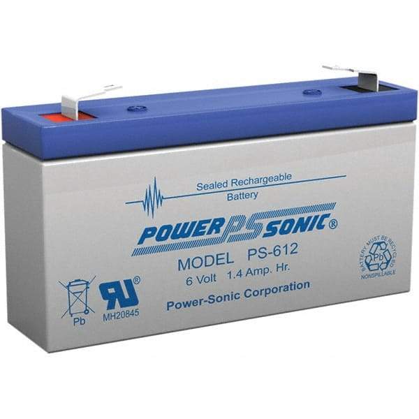 Power-Sonic - Lead-Acid, Quick-Disconnect Tab Terminal, 6 Volt, 1.4 Amp, Lead Rechargeable Battery - 3/16" Tab Width x 0.8mm Tab Thickness, 0.94" Wide x 2" High x 3.82" Deep - All Tool & Supply