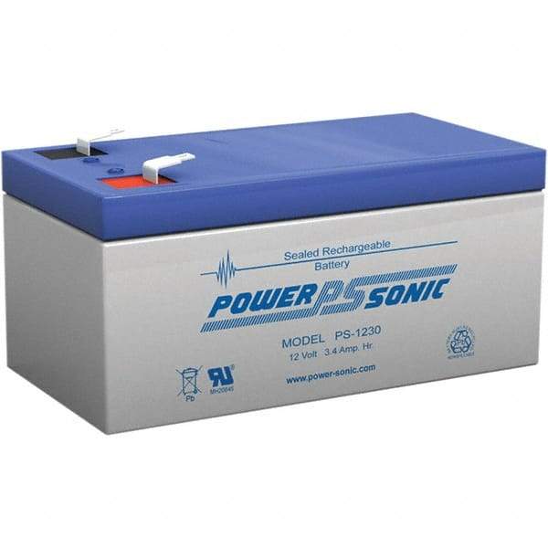 Power-Sonic - Lead-Acid, Quick-Disconnect Tab Terminal, 12 Volt, 3.4 Amp, Lead Rechargeable Battery - 3/16" Tab Width x 0.8mm Tab Thickness, 2.64" Wide x 2.36" High x 5.24" Deep - All Tool & Supply