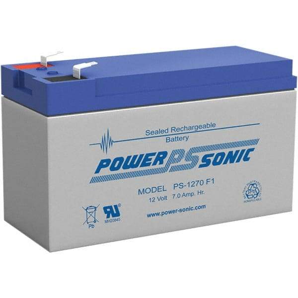 Power-Sonic - Lead-Acid, Quick-Disconnect Tab Terminal, 12 Volt, 7 Amp, Lead Rechargeable Battery - 3/16" Tab Width x 0.8mm Tab Thickness, 2.56" Wide x 3.7" High x 5.95" Deep - All Tool & Supply