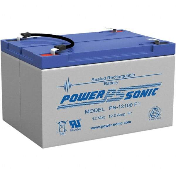 Power-Sonic - Lead-Acid, Quick-Disconnect Tab Terminal, 12 Volt, 12 Amp, Lead Rechargeable Battery - 3/16" Tab Width x 0.8mm Tab Thickness, 4" Wide x 3.7" High x 5.95" Deep - All Tool & Supply