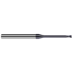 Corner Radius End Mill: 0.093″ Dia, 0.074″ LOC, 1/64″ Radius, 2 Flutes, Solid Carbide 4″ OAL, 1/4″ Shank Dia, 20 ° Helix, AlTiN Coated, Corner Radius End