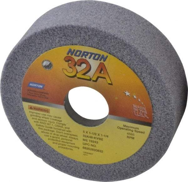 Norton - 5" Diam, 1-1/4" Hole Size, 1-1/2" Overall Thickness, 46 Grit, Type 6 Tool & Cutter Grinding Wheel - Coarse Grade, Aluminum Oxide, K Hardness, Vitrified Bond, 4,585 RPM - All Tool & Supply