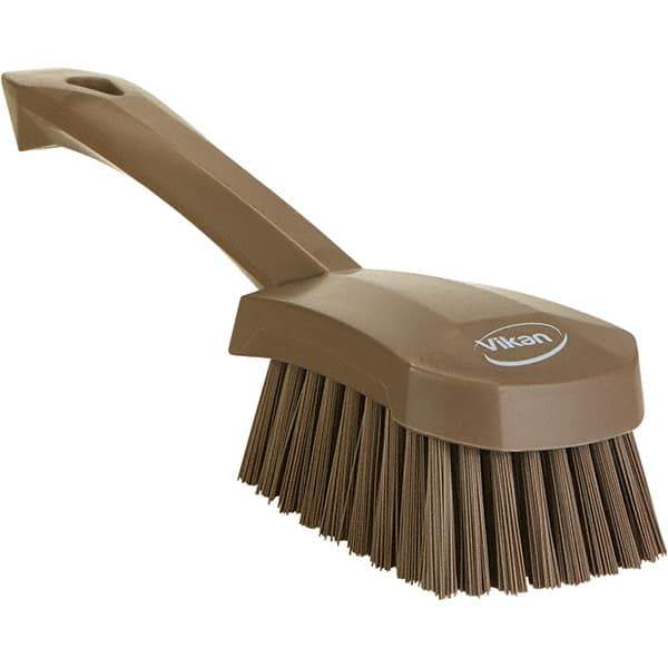 Vikan - 1.3" Bristle Length, Polyester Scrub Brush - 4-1/4" Long x 2-3/4" Wide Head, 10" OAL, Ergonomic Handle, Brown, Polypropylene Block - All Tool & Supply