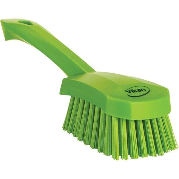 Vikan - 1.3" Bristle Length, Polyester Scrub Brush - 4-1/4" Long x 2-3/4" Wide Head, 10" OAL, Ergonomic Handle, Green, Polypropylene Block - All Tool & Supply