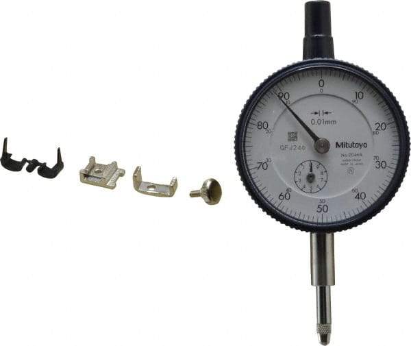 Mitutoyo - 10mm Range, 0-100 Dial Reading, 0.01mm Graduation Dial Drop Indicator - 2-3/16" Dial, 1mm Range per Revolution, 0.013mm Accuracy, Revolution Counter - All Tool & Supply