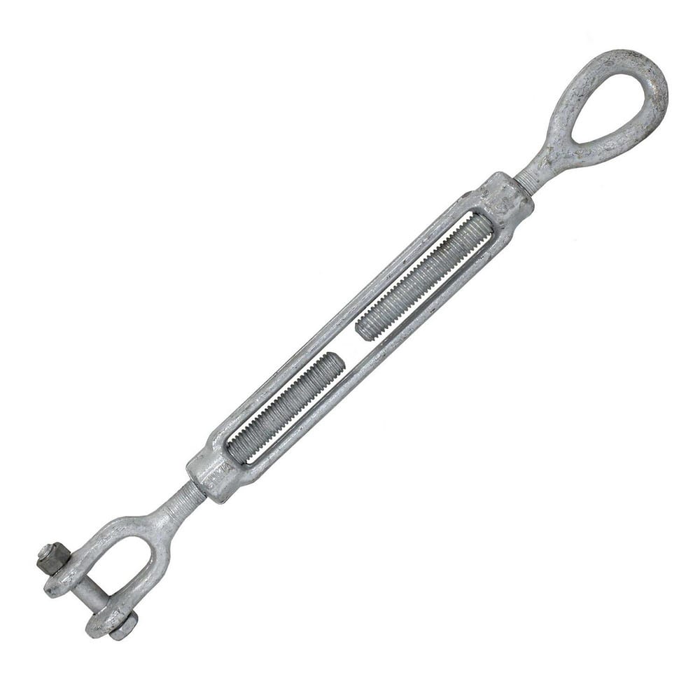 Turnbuckles; Turnbuckle Type: Jaw & Eye; Working Load Limit: 2200 lb; Thread Size: 1/2-9 in; Turn-up: 9 in; Closed Length: 16.48 in; Material: Steel; Finish: Galvanized