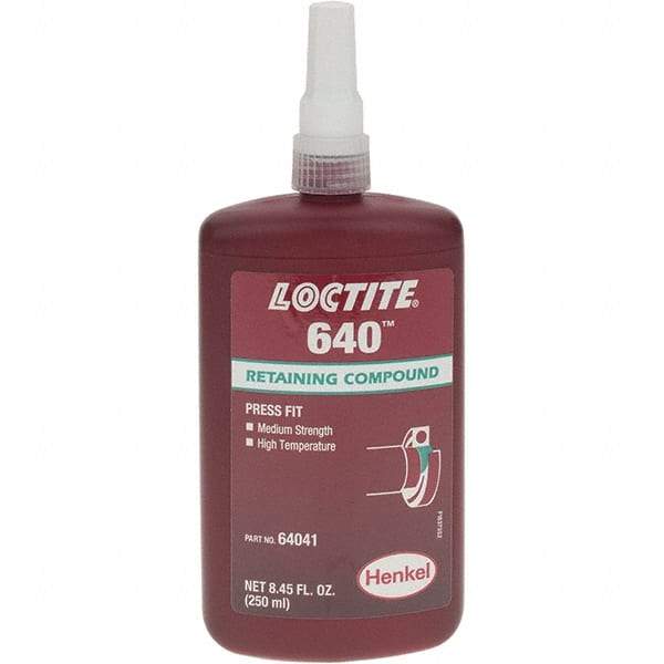 Loctite - 250 mL, Green, Medium Strength Liquid Retaining Compound - Series 640, 24 hr Full Cure Time - All Tool & Supply